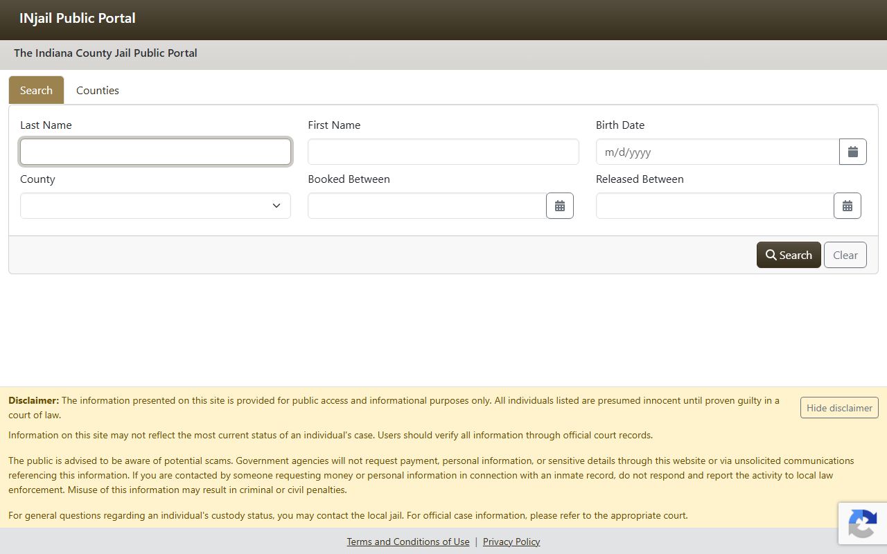 Indiana County Jail Public Portal for county jail roster lookup