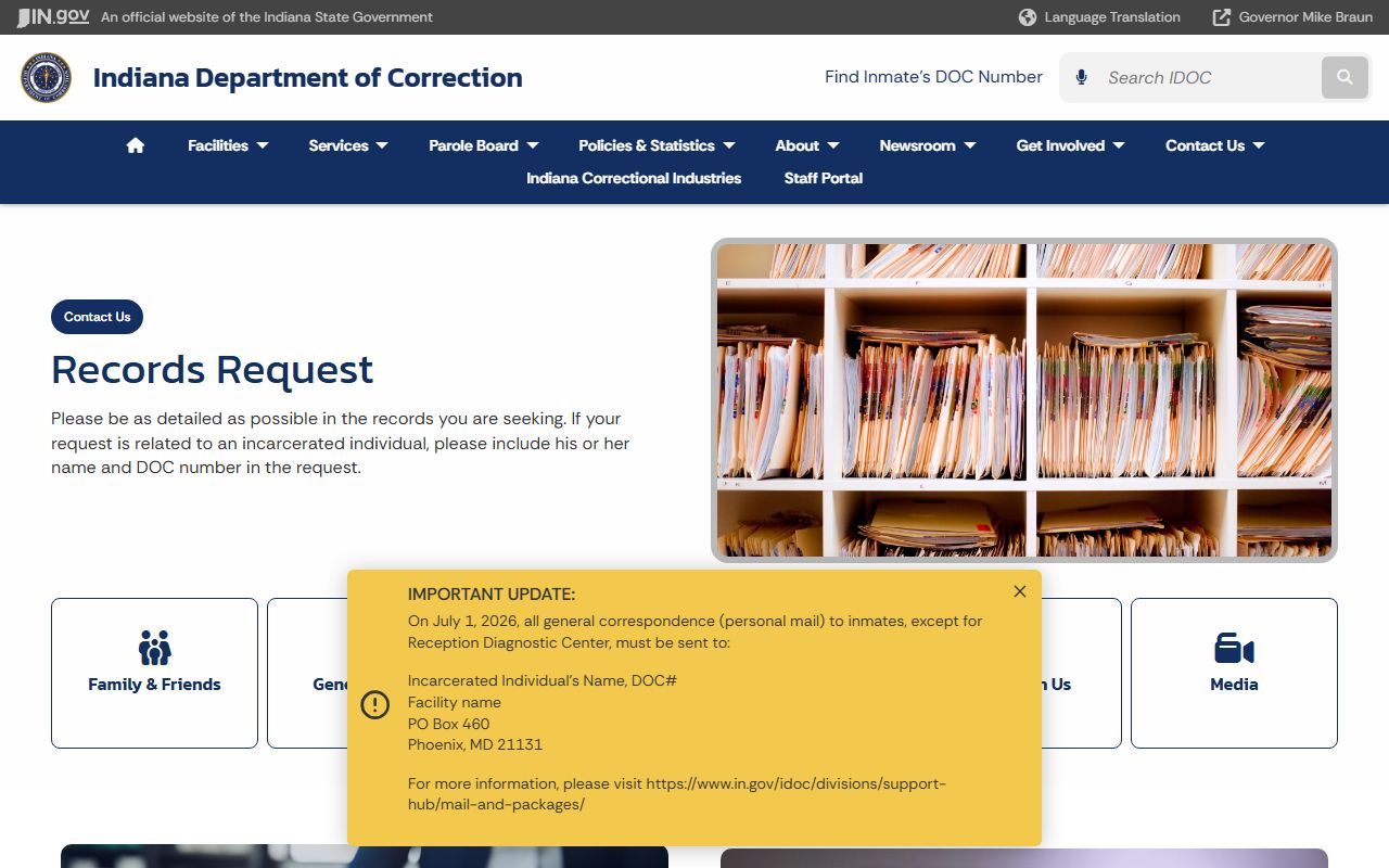 IDOC records request page for Indiana inmate population records