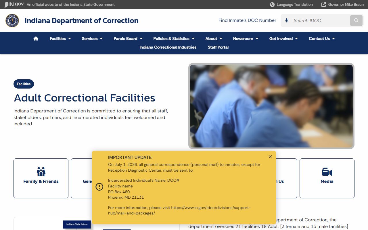 IDOC adult facility directory for Indiana inmate population placement