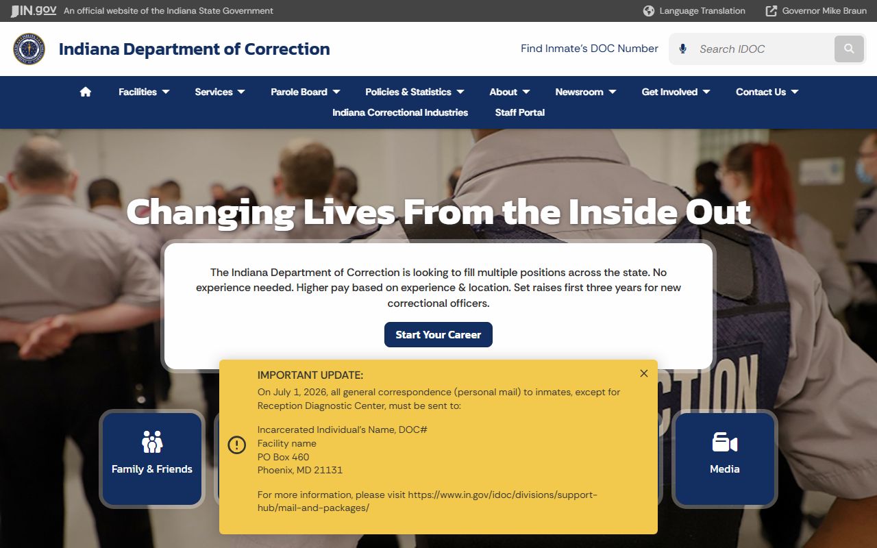 Indiana Department of Correction homepage for Indiana inmate population searches