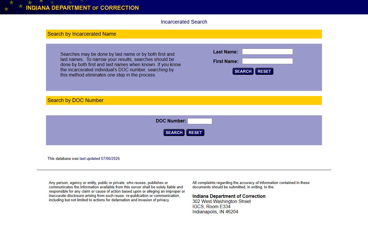 IDOC incarcerated search form for Indiana inmate search