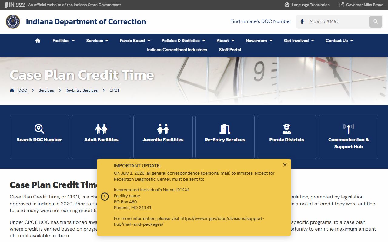 IDOC Case Plan Credit Time page for Indiana release calculations