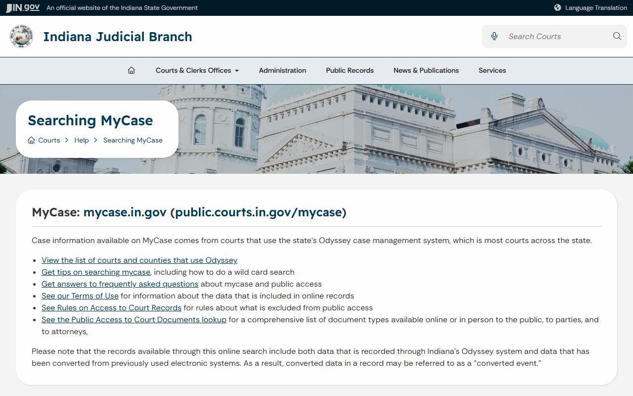 Indiana MyCase help for official court records after arrest