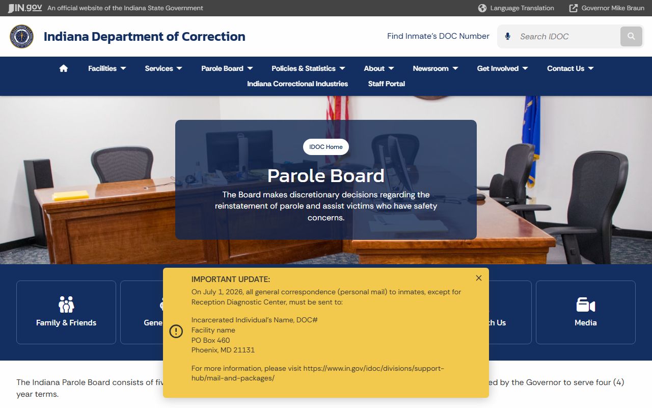 Indiana Parole Board page for IDOC inmate population release context