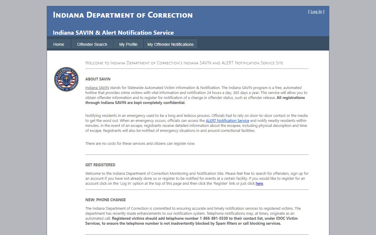 Indiana SAVIN notification service for custody status